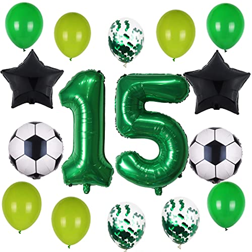 Globos de fútbol para decoración de cumpleaños número 15, globos de 32 pulgadas, globos verdes, globos de fútbol, globos negros y estrellas para niños y niñas de 15 años