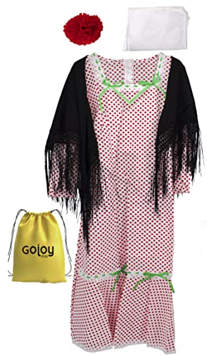 Gojoy Shop - Disfraz de Chulapa Madrileña para Niñas, Contiene: Vestido, Mantón, Pañuelo, Clavel y Mochila de Cuerdas. (2 colores y 8 tallas diferentes.) (10-12 años)