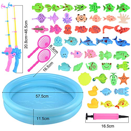 GOLDGE 52pcs Juego de Pesca para Baño para Niños, Juego de Pesca con Caña Flotando Peces 46 Peces Flotantes y 2 Barras Juguete Educativo Interactivo de Pesca con Caña Juguete Reflejo