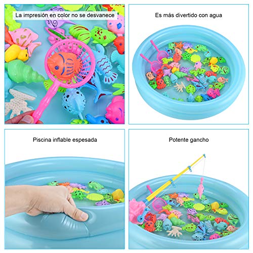 GOLDGE 52pcs Juego de Pesca para Baño para Niños, Juego de Pesca con Caña Flotando Peces 46 Peces Flotantes y 2 Barras Juguete Educativo Interactivo de Pesca con Caña Juguete Reflejo