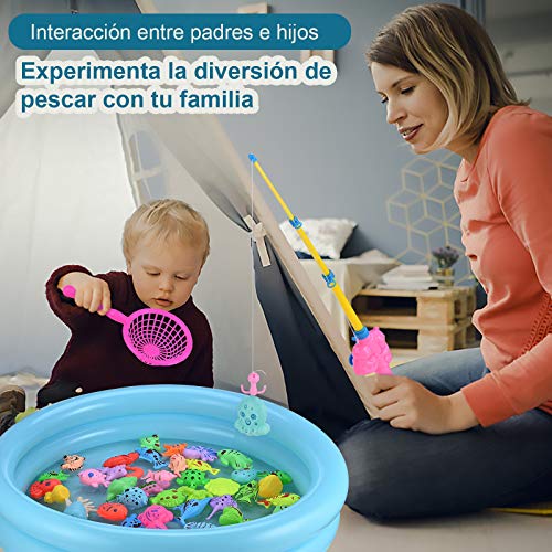 GOLDGE 52pcs Juego de Pesca para Baño para Niños, Juego de Pesca con Caña Flotando Peces 46 Peces Flotantes y 2 Barras Juguete Educativo Interactivo de Pesca con Caña Juguete Reflejo