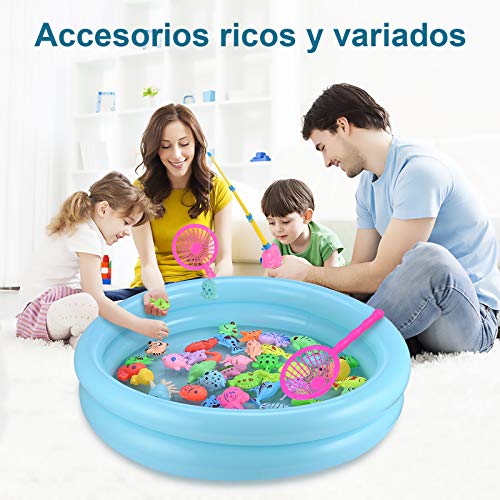 GOLDGE 52pcs Juego de Pesca para Baño para Niños, Juego de Pesca con Caña Flotando Peces 46 Peces Flotantes y 2 Barras Juguete Educativo Interactivo de Pesca con Caña Juguete Reflejo