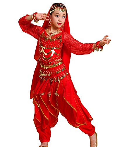 Guiran Niña Mujer Traje Danza del Vientre Lentejuelas Baile Top Pantalones Halloween Carnaval Fiesta Costume Rojo M Conveniente para la Altura 101-120CM