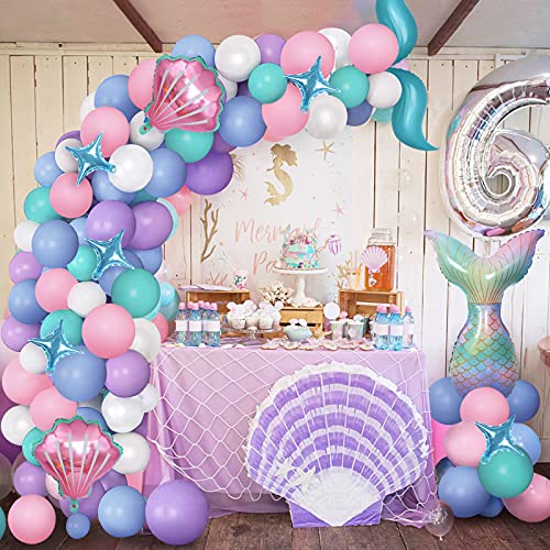 Guirnalda de Globos Sirena Globos de Sirena, Cola de Sirena con Globos de Verde Púrpura de Papel de Aluminio Sirena de Cola para Temas del Bajo el Mar Niñas Cumpleaños