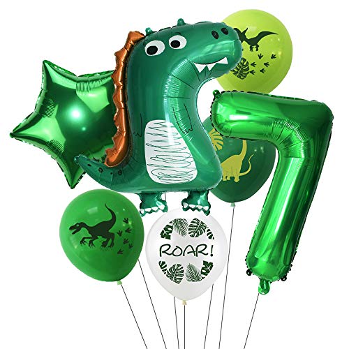 Haosell Globo de dinosaurios grandes 7 años, decoración para cumpleaños infantil, diseño de dinosaurios verdes – 1 globo XXL Dino + número 7 globos + 1 globo de estrella + 4 globos de dinosaurios