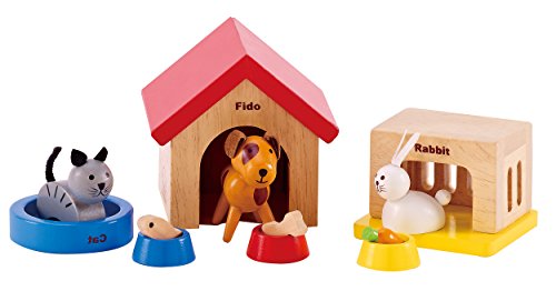 Hape Mascotas Juego de Animales con Casa, Completa tu Casa de Muñecas de Madera con el Alegre Set de Perro, Gato y Conejo con Casas y Cuencos de Comida