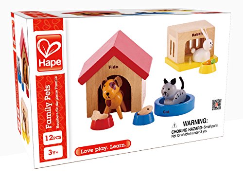 Hape Mascotas Juego de Animales con Casa, Completa tu Casa de Muñecas de Madera con el Alegre Set de Perro, Gato y Conejo con Casas y Cuencos de Comida