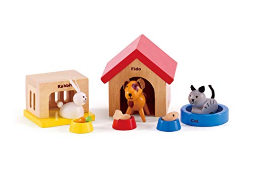 Hape Mascotas Juego de Animales con Casa, Completa tu Casa de Muñecas de Madera con el Alegre Set de Perro, Gato y Conejo con Casas y Cuencos de Comida