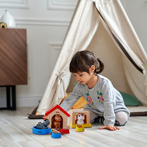 Hape Mascotas Juego de Animales con Casa, Completa tu Casa de Muñecas de Madera con el Alegre Set de Perro, Gato y Conejo con Casas y Cuencos de Comida