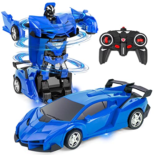 Highttoy Transformador Coche Teledirigido,Juguete Transformador para Niños 3-12 Años RC Robot Coche de Juguete para Chicos Coche RC 2.4GHz Rotación de 360° Coche de Control Remoto Escala 1:18 Azul