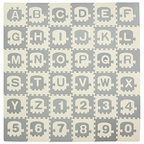 HOMCOM Alfombra Puzzle para Bebés 36 Piezas 31,5x31,5 cm con 26 Letras (A-Z) y Números 0 al 9 Juego Ronpecabezas Infantil de 3,24 m² Espuma EVA Suave Gris y Blanco