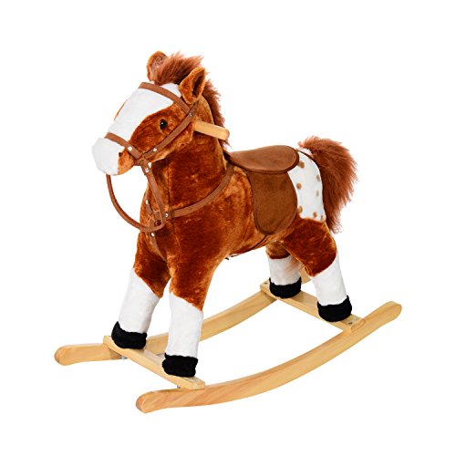 HOMCOM Caballito Balancín Bebé Balancín Peluche Caballo Madera para Niños +3 Años con Sonidos 74x28x65cm Caballito Balancin con Musica Peluche Niños a Partir 3 Años Caballo Mecedora