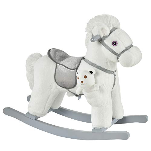 HOMCOM Caballito Balancín para Niños 18-36 Meses Caballo Mecedora Felpa con Osito de Peluche Sonidos de Relincho y Galope Base de Madera 65x26x55 cm Blanco