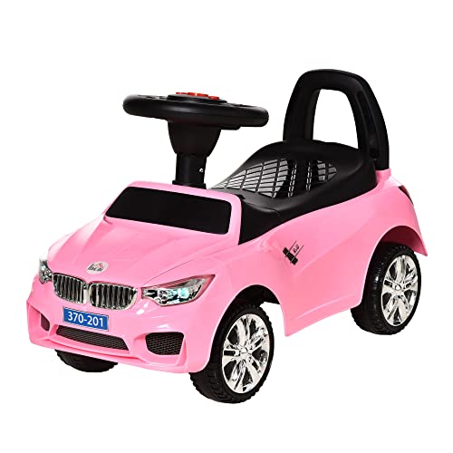 HOMCOM Coche Correpasillos para Niños de 18-36 Meses con Faros Música Bocina Volante Espacio de Almacenaje y Asa para Empujar 63,5x28x36 cm Rosa