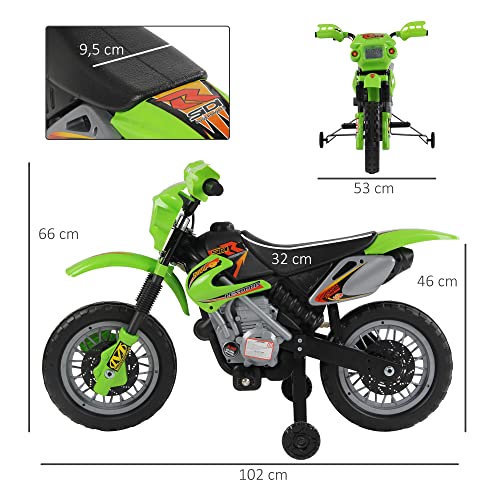 HOMCOM Moto Electrica Infantil Bateria 6V Recargable Niños 3 Años Cargador y Ruedas Apoyo Color Verde