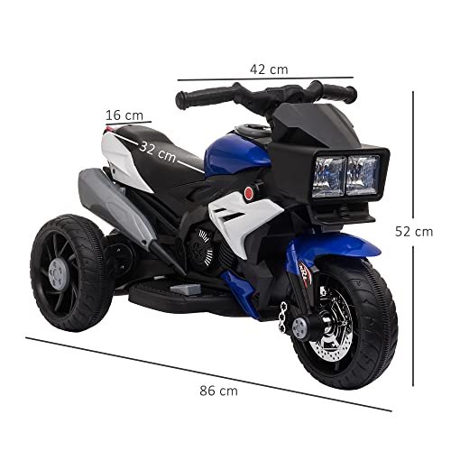 HOMCOM Moto Eléctrica Infantil con 3 Ruedas para +3 Años Triciclo con Pedal para Niños Batería 6V con Luces Música Neumáticos Anchos Velocidad 3 km/h 86x42x52 cm Azul y Negro