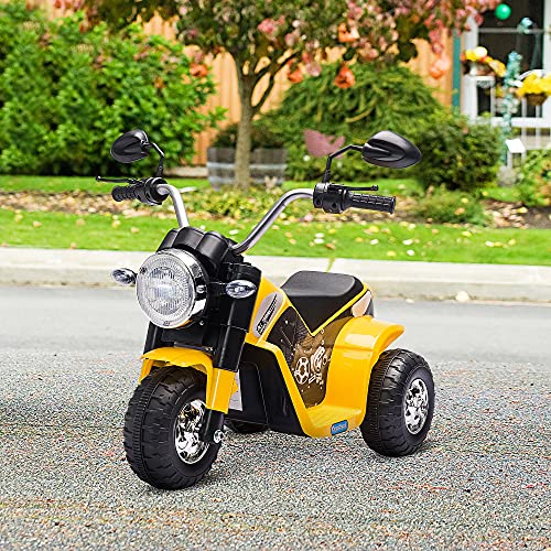 HOMCOM Moto Eléctrica Infantil con 3 Ruedas Triciclo a Batería 6V para Niños de 18-36 Meses con Faro Bocina Velocidad 2 km/h 72x57x56 cm Amarillo