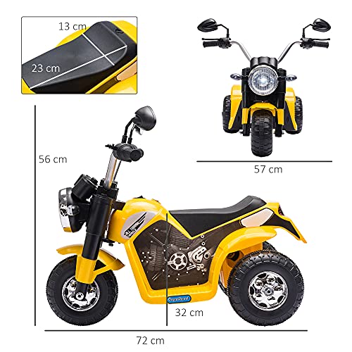 HOMCOM Moto Eléctrica Infantil con 3 Ruedas Triciclo a Batería 6V para Niños de 18-36 Meses con Faro Bocina Velocidad 2 km/h 72x57x56 cm Amarillo