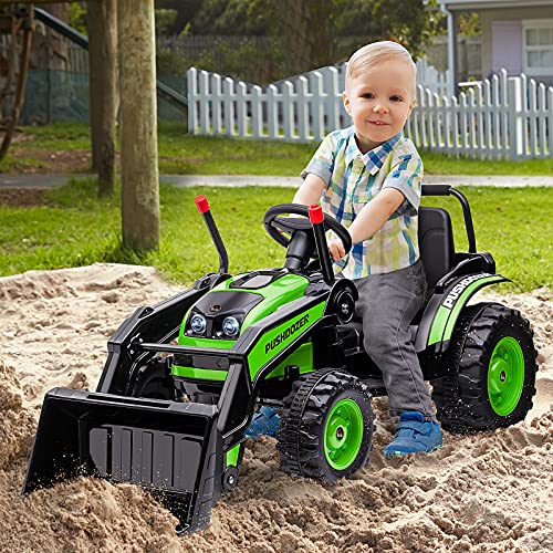 HOMCOM Tractor Excavadora Eléctrico para Niños de +3 Años Vehículo Infantil con Batería 6V Pala Música y Luces Velocidad de 2 Niveles 132x62x65 cm Negro y Verde