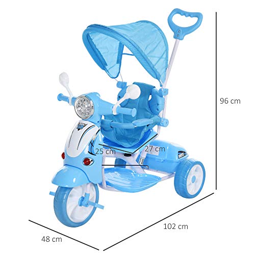 HOMCOM Triciclo para Niños de +18 Meses Triciclo Evolutivo Infantil con Capota Extraíble Asiento Giratorio Barra de Seguridad y Función de Luz Música 102x48x96 cm Azul