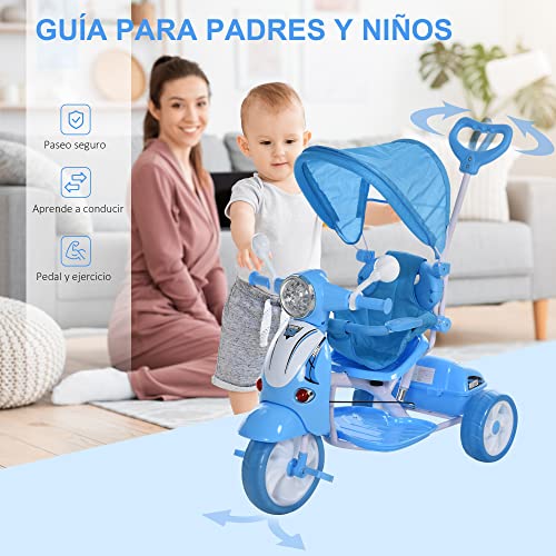 HOMCOM Triciclo para Niños de +18 Meses Triciclo Evolutivo Infantil con Capota Extraíble Asiento Giratorio Barra de Seguridad y Función de Luz Música 102x48x96 cm Azul