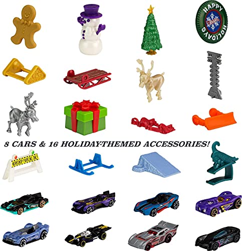 Hot Wheels Calendario de adviento de Navidad con coches de juguete y accesorios (Mattel GTD78)