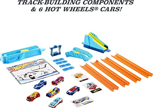 Hot Wheels Pack celebración 6 vehículos sorpresa con pistas de coches de juguete y set para pintar con pegatinas (Mattel GWN96)