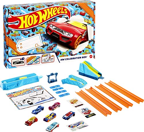 Hot Wheels Pack celebración 6 vehículos sorpresa con pistas de coches de juguete y set para pintar con pegatinas (Mattel GWN96)