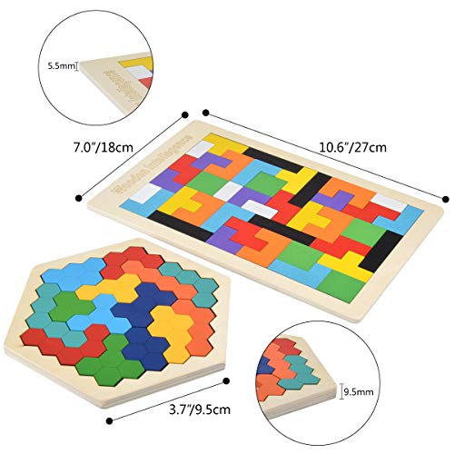 Hotgod Rompecabezas de madera de tetris hexagonal para niños pequeños Tangram Jigsaw Puzzle, Montessori regalo educativo para niños y adultos