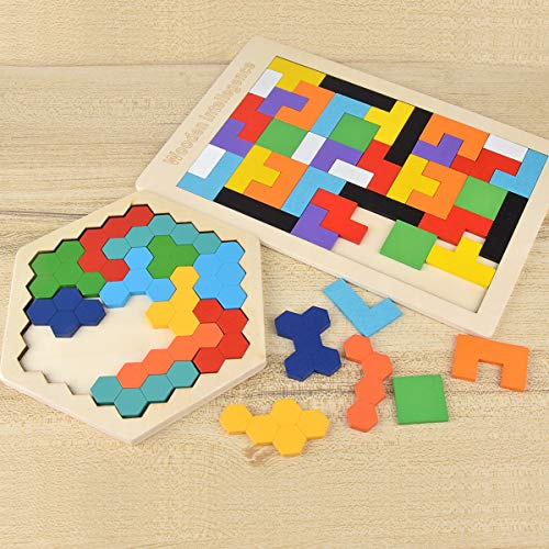 Hotgod Rompecabezas de madera de tetris hexagonal para niños pequeños Tangram Jigsaw Puzzle, Montessori regalo educativo para niños y adultos