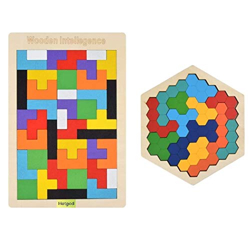 Hotgod Rompecabezas de madera de tetris hexagonal para niños pequeños Tangram Jigsaw Puzzle, Montessori regalo educativo para niños y adultos