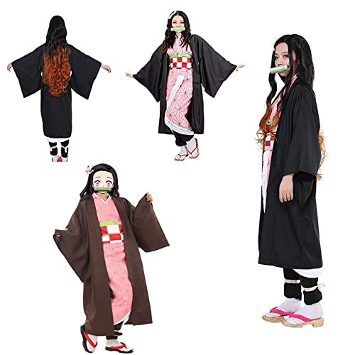 Huqiqi Anime Cosplay Disfraz Demonio Slayer Kamado Nezuko Juego de rol Trajes con Bambú Mujeres Rosa Kimono Halloween Fiesta Carnaval Ropa(Size:160CM,Color:Niño)