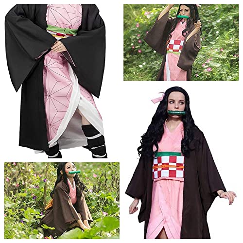 Huqiqi Anime Cosplay Disfraz Demonio Slayer Kamado Nezuko Juego de rol Trajes con Bambú Mujeres Rosa Kimono Halloween Fiesta Carnaval Ropa(Size:160CM,Color:Niño)