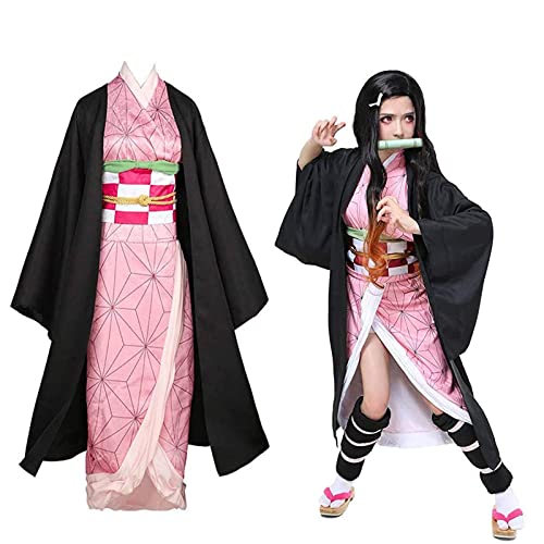 Huqiqi Anime Cosplay Disfraz Demonio Slayer Kamado Nezuko Juego de rol Trajes con Bambú Mujeres Rosa Kimono Halloween Fiesta Carnaval Ropa(Size:160CM,Color:Niño)