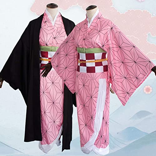 Huqiqi Anime Cosplay Disfraz Demonio Slayer Kamado Nezuko Juego de rol Trajes con Bambú Mujeres Rosa Kimono Halloween Fiesta Carnaval Ropa(Size:160CM,Color:Niño)