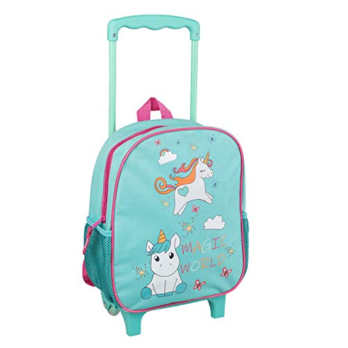 Idena 20069 - Mochila trolley con 2 ruedas de purpurina, para niñas, color turquesa con motivo de unicornio mágico, como maleta de mano, carro escolar y mochila infantil, aprox. 31 x 27 x 10 cm