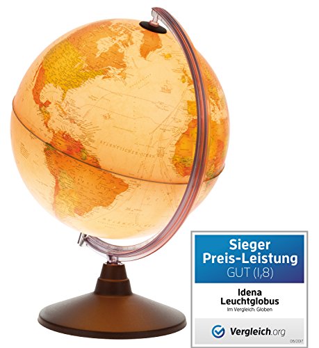 Idena 22904 – Globo terráqueo Luminoso, Estilo Antiguo, con iluminación LED e Interruptor de Encendido y Apagado, diámetro Aprox. 30 cm, Mapa físico y político, Multicolor