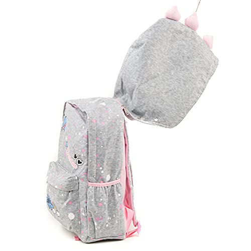 Inca. Mochila escolar niña. Mochila viaje con gorro. Mochila dinosaurios niña. Color gris y rosa co dibujos de dinosaurios. Incluye gorro a juego con la mochila de dinosaurio.