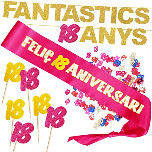 Inedit Festa 18 Anys Aniversari Feliç Banda Honorífica Feliç 18 Aniversari, Garlanda Fantastics 18 Anys (Altura Letras:11,5cm) 6 Toppers Català Fabulosos 18 Anys