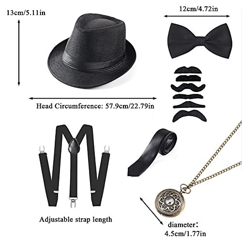 Juego de accesorios para hombre de los años 20 – Sombrero, tirantes elásticos en Y, pajarita, bigote falso y reloj de bolsillo vintage para hombres, juego de accesorios para fiestas (B)