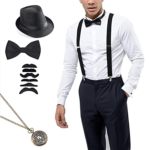 Juego de accesorios para hombre de los años 20 – Sombrero, tirantes elásticos en Y, pajarita, bigote falso y reloj de bolsillo vintage para hombres, juego de accesorios para fiestas (B)