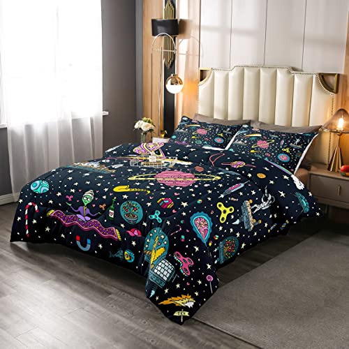 Juego de ropa de cama Galaxy Universe Planet Space Rocket Juego de edredón para niños y niñas, color rosa y negro Espacio exterior Astronauta, edredón mágico tamaño individual, 2 piezas