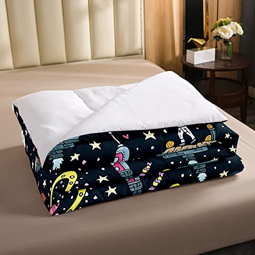 Juego de ropa de cama Galaxy Universe Planet Space Rocket Juego de edredón para niños y niñas, color rosa y negro Espacio exterior Astronauta, edredón mágico tamaño individual, 2 piezas