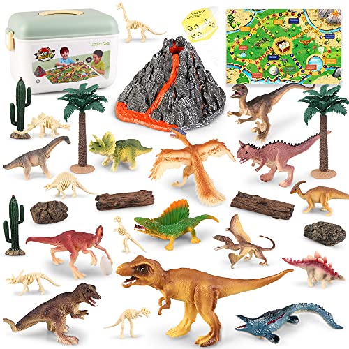 Juguetes de dinosaurios para volcán con estera de juego, figuras educativas de dinosaurios realistas juego de dados para crear un mundo de dino, incluido T-Rex, regalos de Triceratops