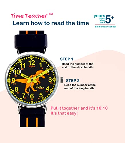 KIDDUS Reloj Educativo Analógico para niño, niña. Aprende la Hora con Nuestro Fácil Sistema Time Teacher. Ejercicios incluídos. Mecanismo de Cuarzo (13 T-Rex English)