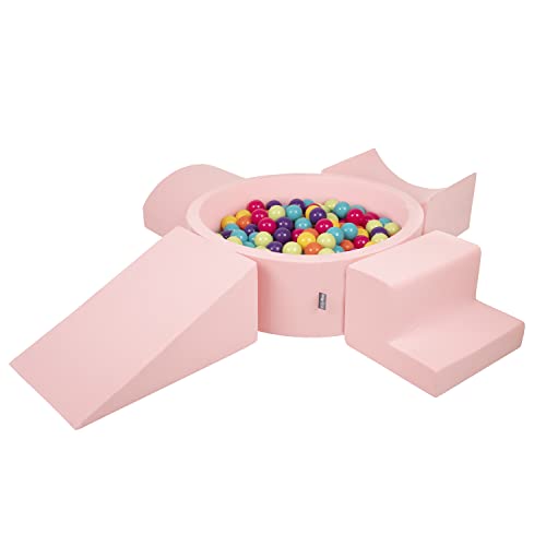 KiddyMoon Parque Infantil De Espuma con Rodondo Piscina De Bolas (300 Bolas) para Niños, Rosa:Verdeclr/Amarill/Turques/Naranj/Rosaos/Morado