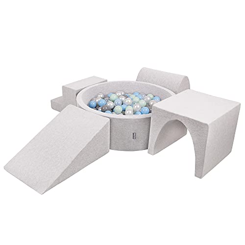 KiddyMoon Parque Tnfantil De Espuma con Rodondo Piscina De Bolas (200 Bolas) para Niños, Gris Claro:Perla/Gris/Transparente/Azul Clr/Menta