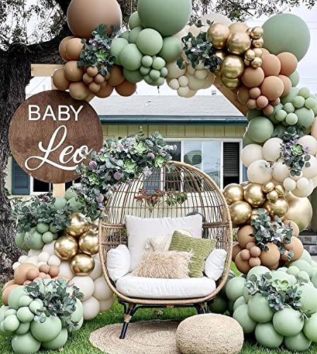 Kit de Arco de Guirnalda de Globos Verde Salvia, Selva Globos de Cumpleaños Arco de Globos Verde Dorado para Decoracion Baby Shower Niño, Bodas, Fiesta de Cumpleaños, Jungle Fiesta Decoracion