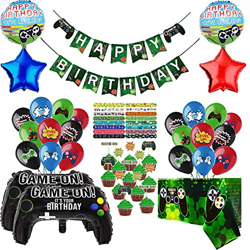 Kit Decoración de Cumpleaños Videojuegos para Niño Globos de Papel de Aluminio para Controlador de Videojuegos Mantel Cumpleaños Videojuegos Pulseras Adornos para Tartas Globos de Látex Niños