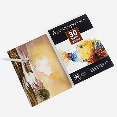 KUNSTIFY Bloc de dibujo para acuarela, bloc de papel de dibujo, papel de acuarela para acuarela, acuarela, bloc de dibujo en blanco, papel de dibujo (A4 - 30 hojas)